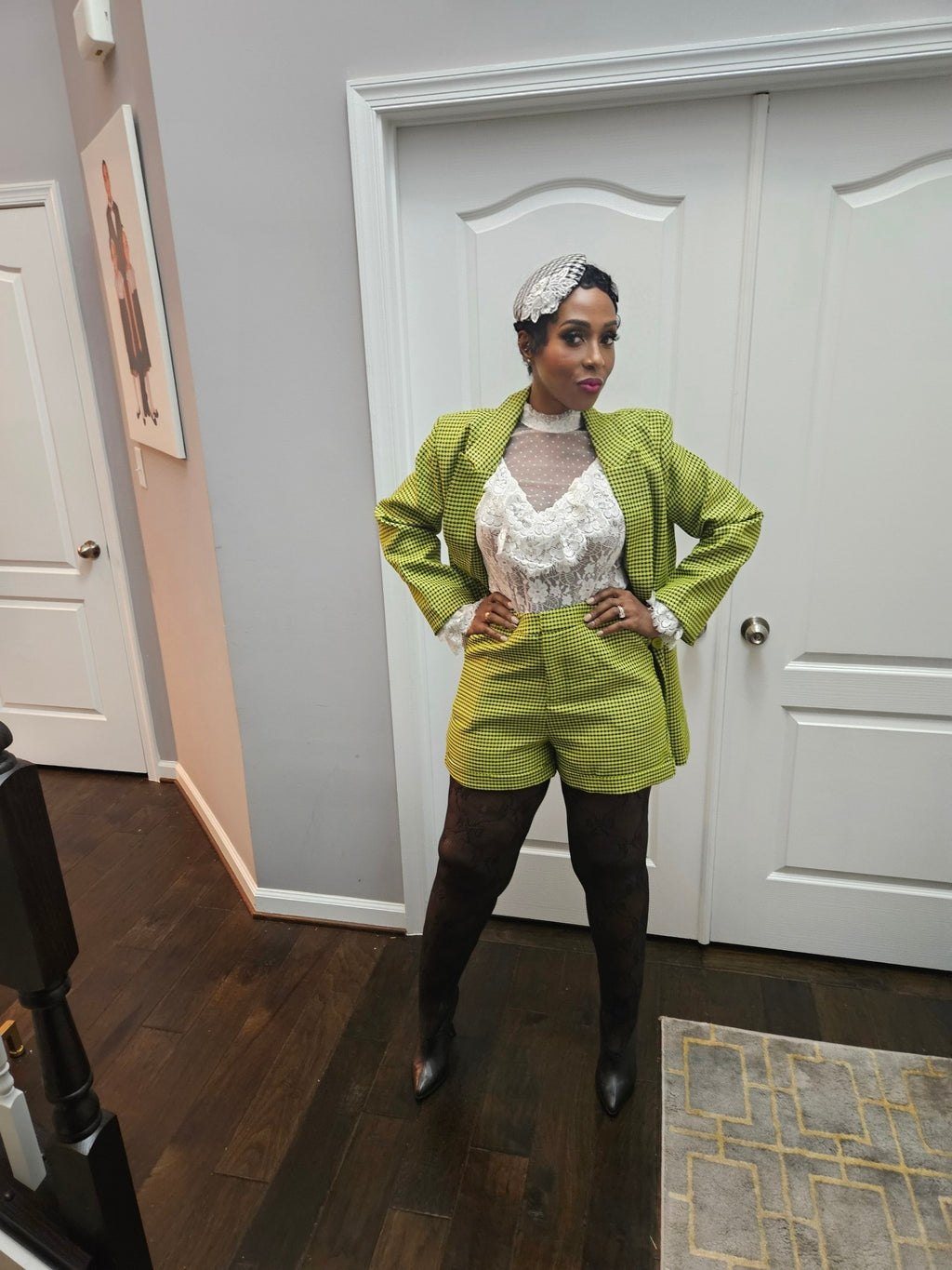 Pistachio green houndstooth Shorts suit