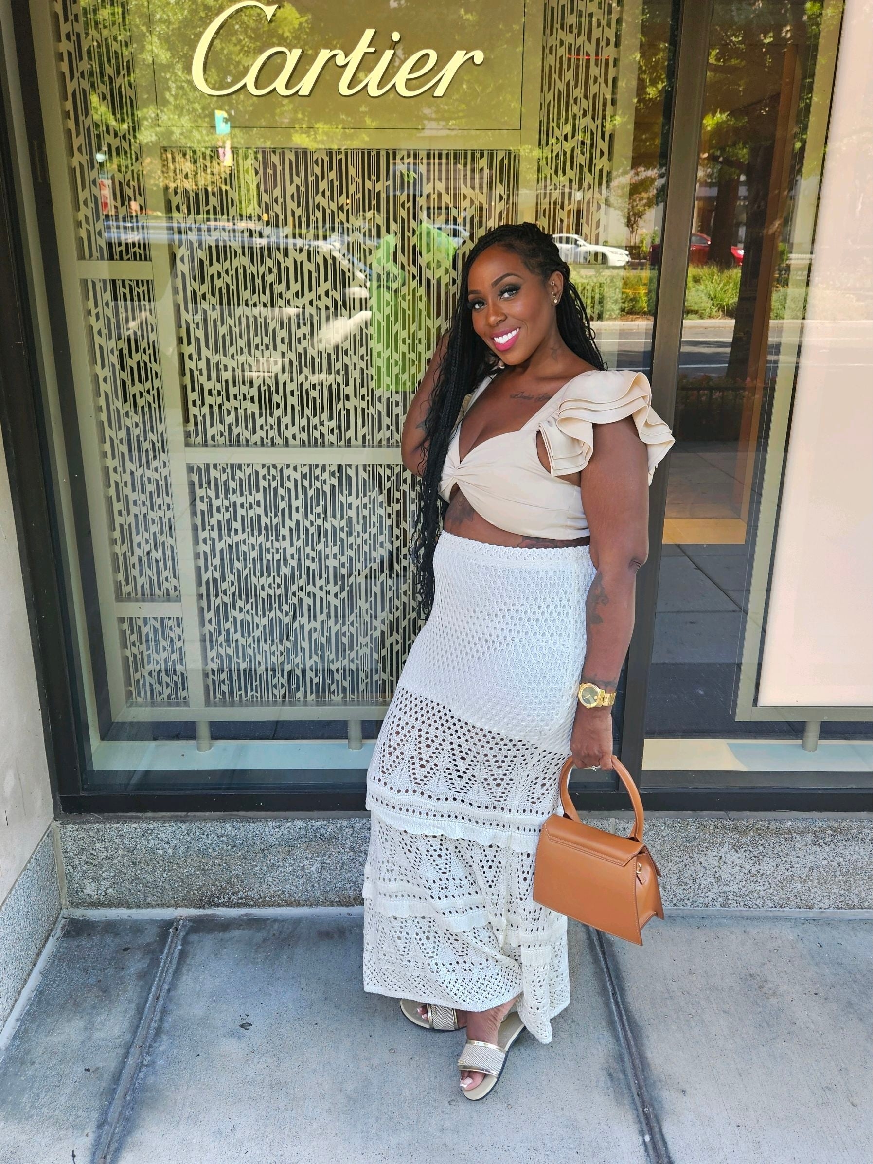 Cream Crop ruffle top. Zipper back